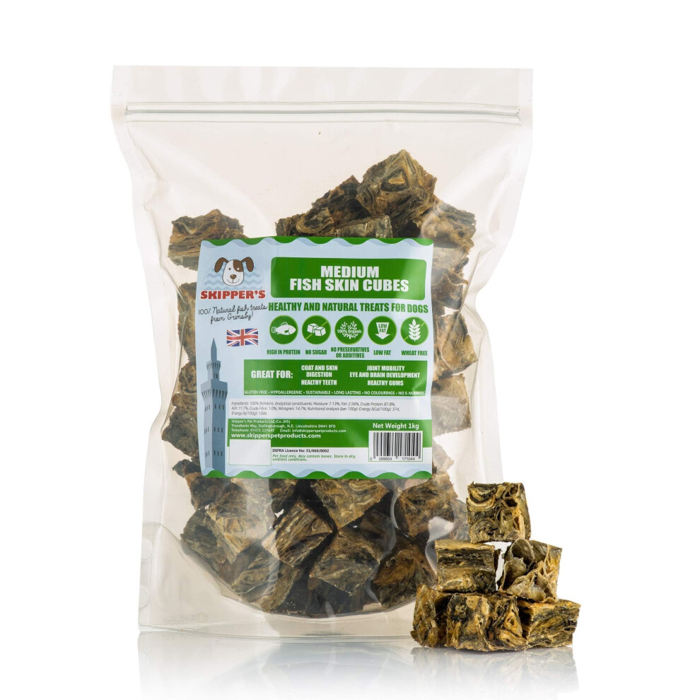 SKIPPER'S Dried Fish For Dogs - Whitefish Skin Jerky Cubes Dog Treats 100% Natural, Healthy, Grain Free & Low Fat - BULK VALUE (Cube Size Medium, 1kg