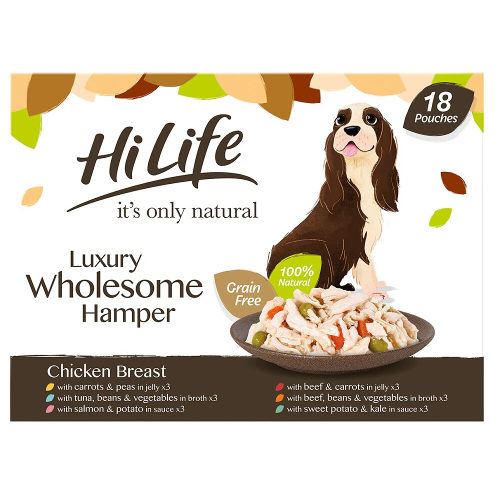 HiLife it's only natural Wet Dog Food - The Luxury Wholesome Hamper with Chicken Breast, Tuna, Salmon, Beef, Vegetables, Multipack of 36 Pouches x 100