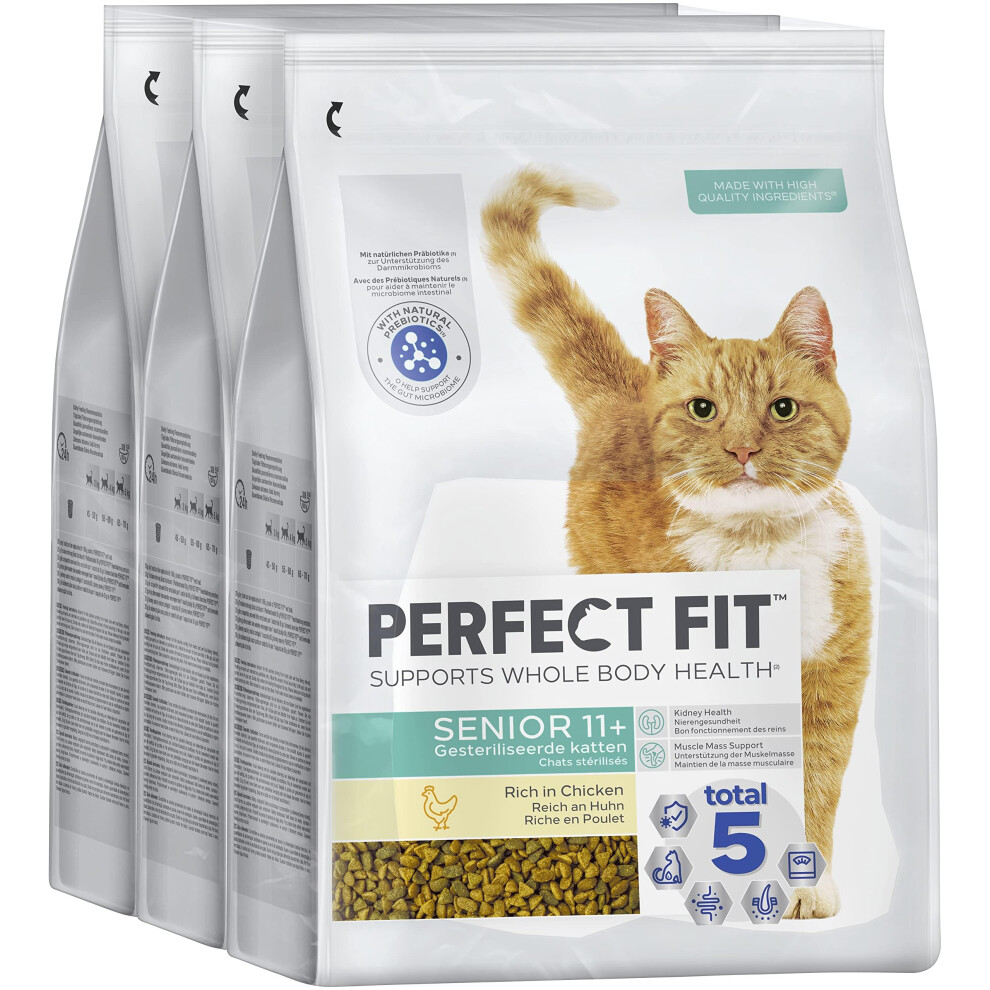 Perfect Fit Senior 11+ Complete Dry Cat Food For Senior Cats Aged 11+ Years, Rich In Chicken, 3 Bags (2.8 Kg)