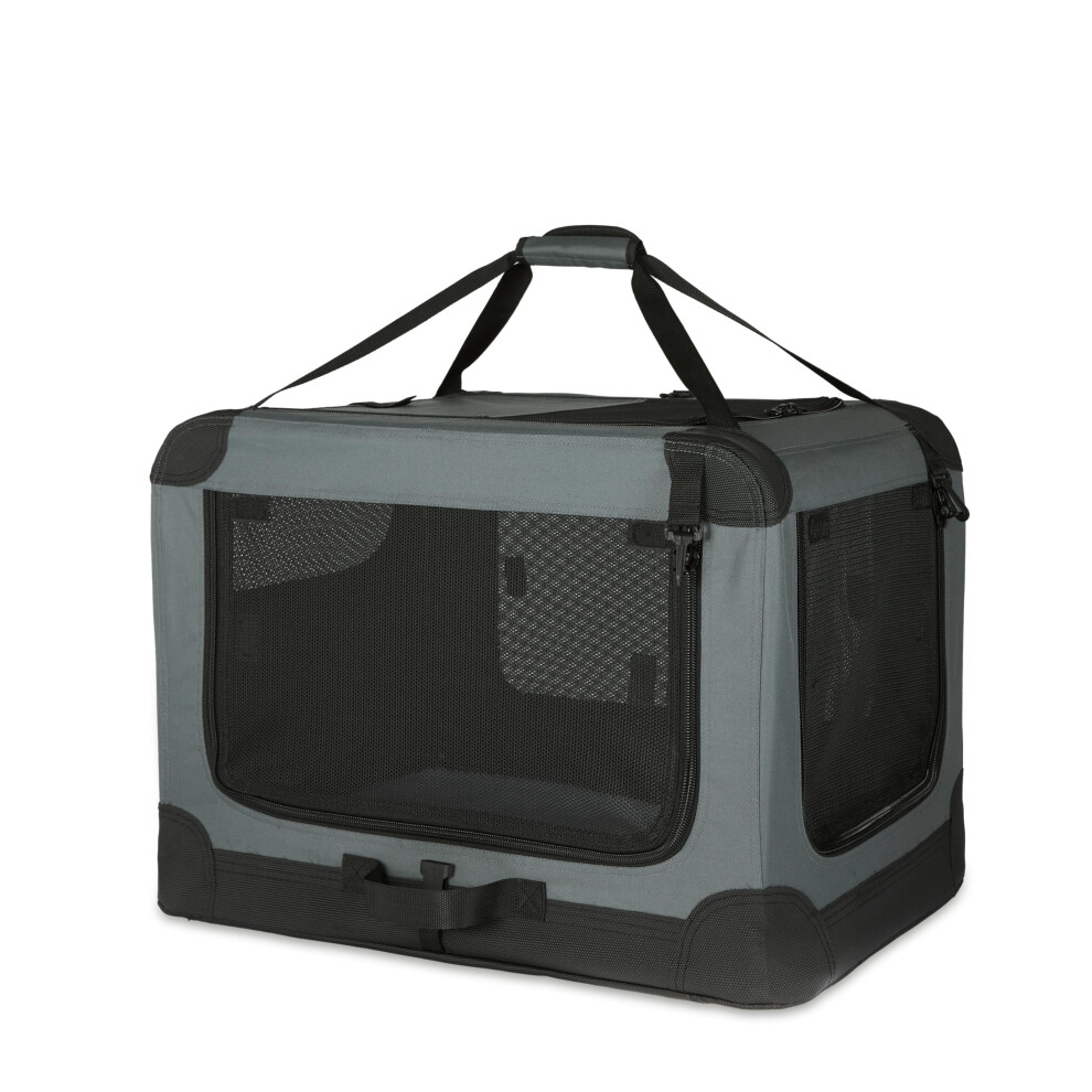 Amazon Basics 4-Doors Portable Soft-Sided Folding Travel Crate Kennel for cat, dog, and other small animals, Grey, S 66 cm x 46 cm x 46 cm