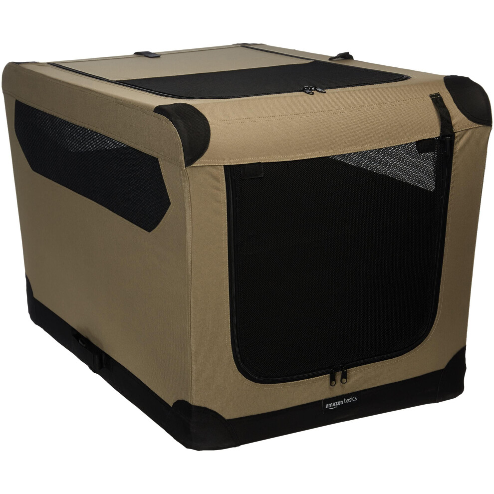 Amazon Basics 2-Doors Portable Soft-Sided Folding Travel Crate Kennel for cat, dog, and other small animals, Tan, L 91 cm x 61 cm x 61 cm