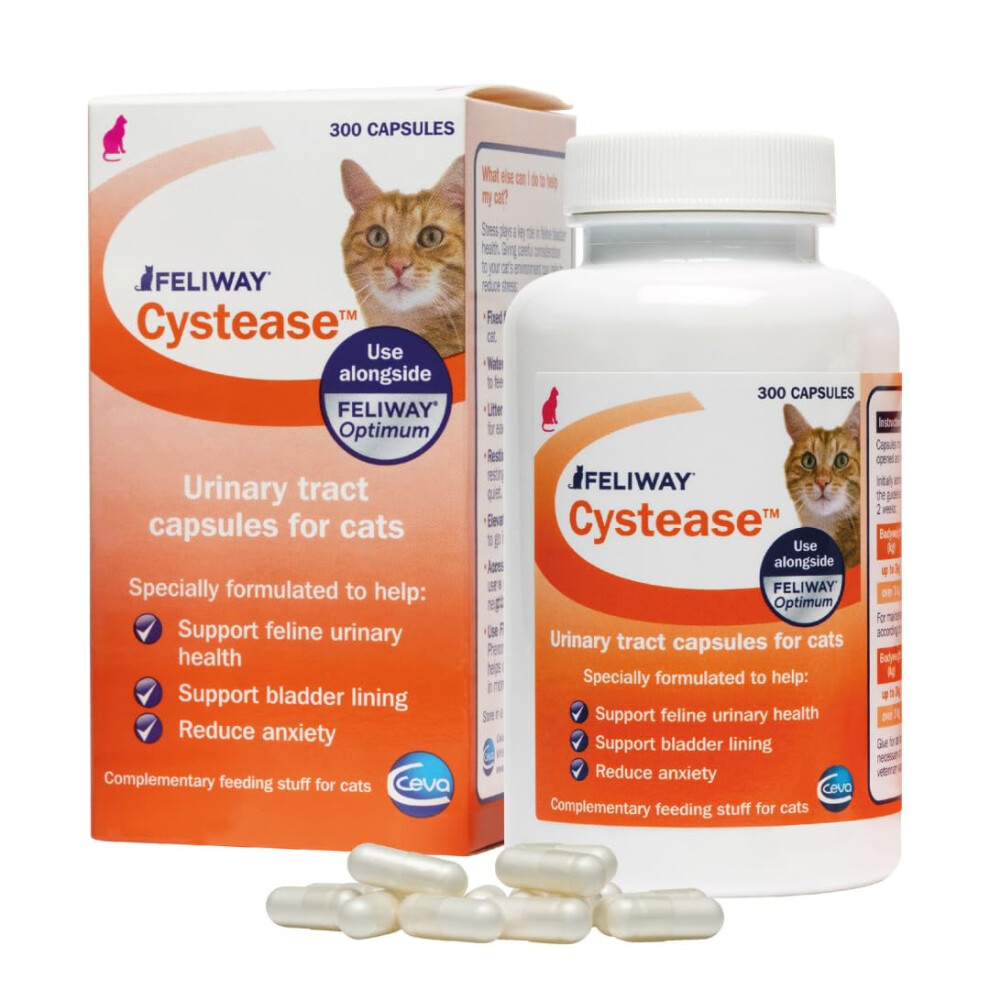 Feliway Cystease 300 Capsule Pack, 300 Feliway Cystease Capsules For Cats Urinary Tract Infection Treatment, Cat Supplements To Help Stress Related Bl