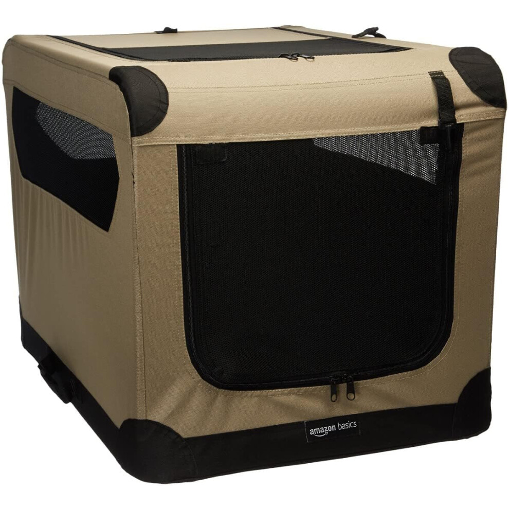 Amazon Basics 2-Doors Portable Soft-Sided Folding Travel Crate Kennel for cat, dog, and other small animals, Tan, M 76 cm x 54 cm x 54 cm