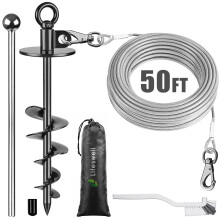 Dog Tie Out Cable and Stake, 50ft Chew Proof Stainless Steel Cable, 15" Heavy Duty Dog Anchor for Dogs Up to 125lbs, No Tangle, Dog Runner for Yard an