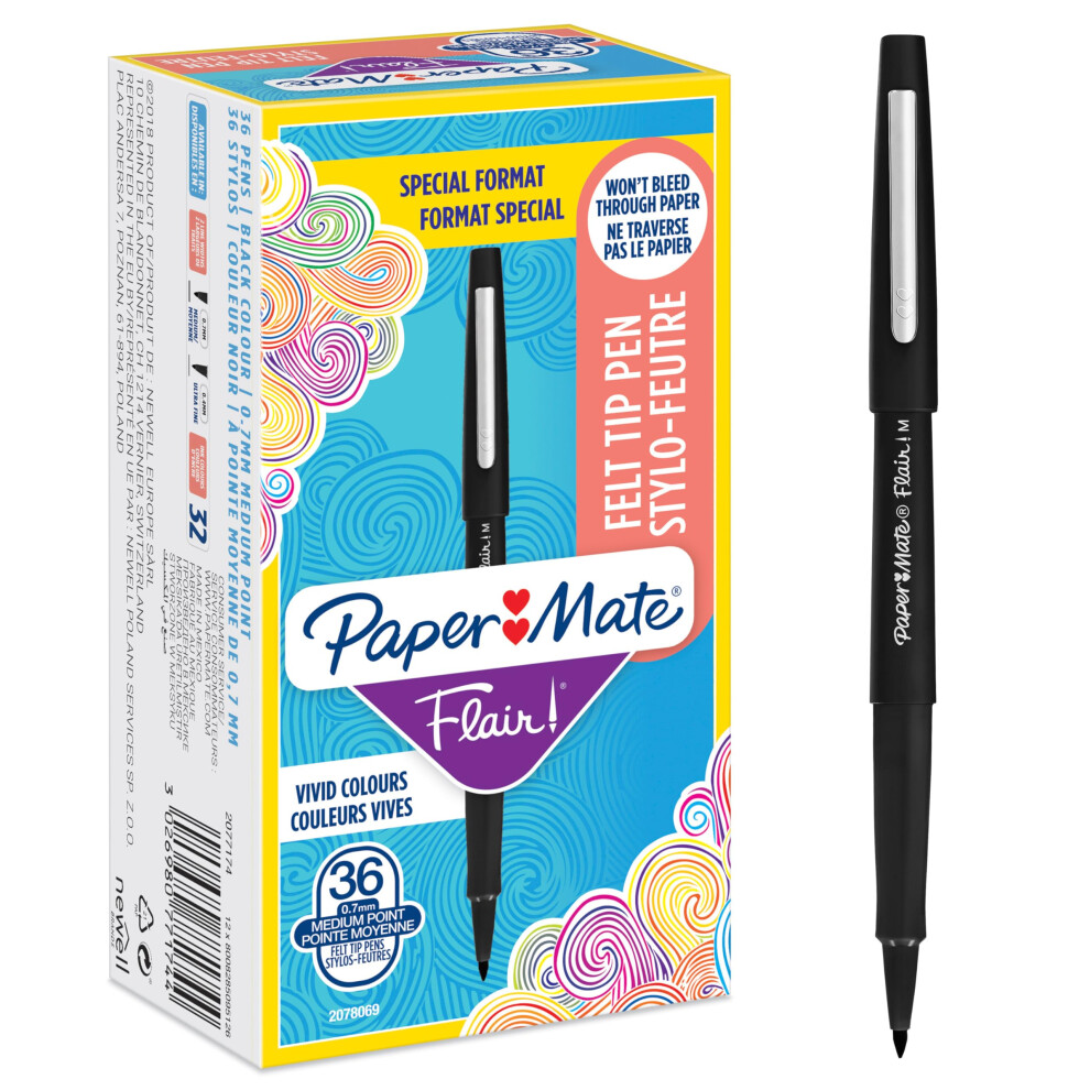 Paper Mate Flair Felt Tip Pens | Medium Point (0.7 Mm) Writing Pens | Pens | For Writing, Drawing & Sketching | 36 Count Black