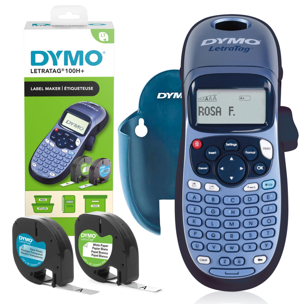 Dymo LetraTag LT-100H Label Maker Starter Kit+ | Handheld Label Printer Machine | with Paper, Clear Plastic Label Tape & Machine Holder | Ideal for Of