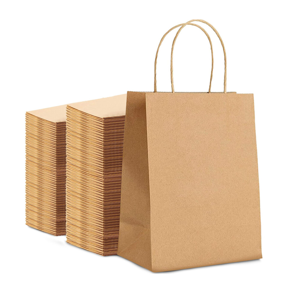 Huruc Brown 100 Pcs Paper Bags With Handles,130Gsm, Large Paper Gift Bags, Eco-Friendly Kraft Shopping Carrier Bags For Wedding, Christmas, Easter, Bi