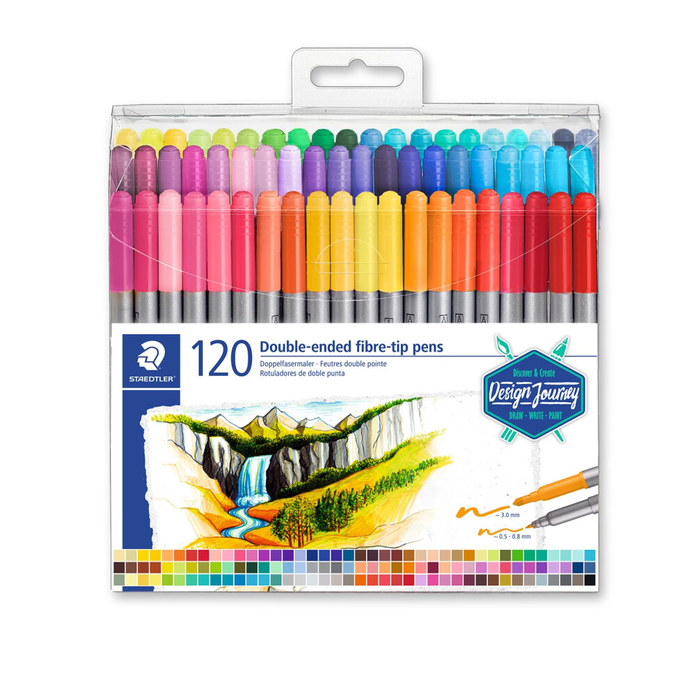 STAEDTLER 3200 TB120 Design Journey Double-Ended Fibre-Tip Pens with Thin & Wide Nibs - Assorted Colours (Pack of 120)