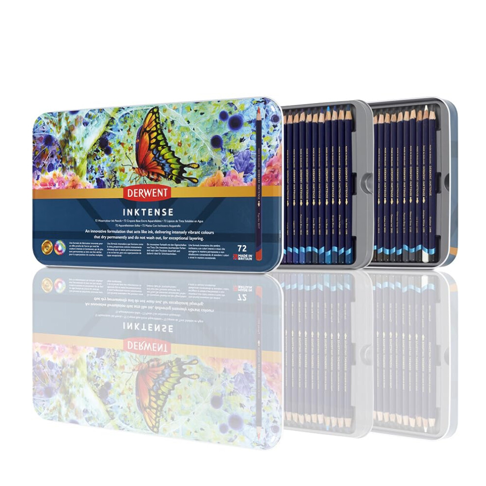 Derwent Inktense Permanent Watercolour Pencils, Set of 72 in 2 Layer Tin, 4mm Premium Core, Water-Soluble, Ideal for Colouring, Painting and Crafting,