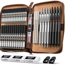 Nicpro 45PCS Black & Silver Metal Mechanical Pencil Set in Leather Case, Art Drafting Pencil 0.5, 0.7, 0.9 mm, 2mm Lead Holders for Sketching Drawing