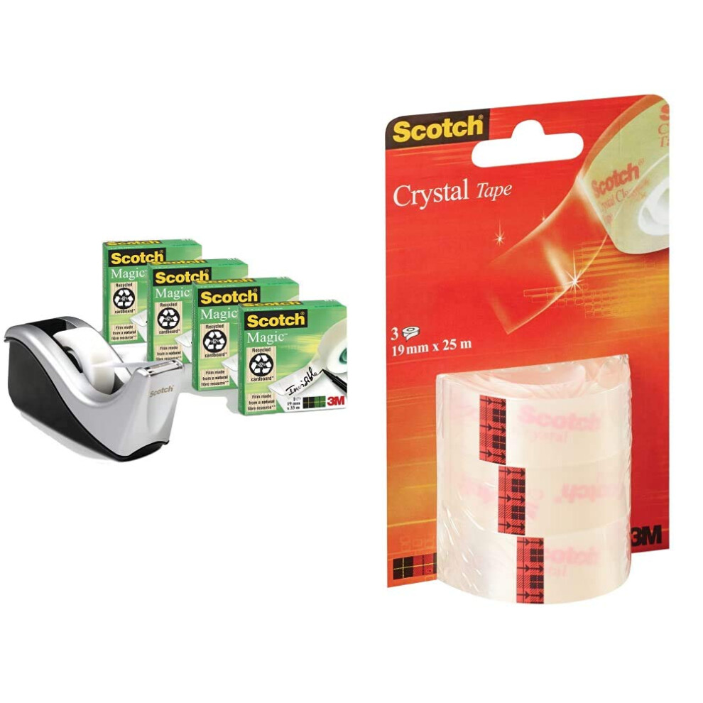 Scotch Dispenser In With 4 Rolls Of Magic Tape 19Mm X 33M & Crystal Clear Tape 6-1925R3 Refill Pack, 3 Rolls Silver