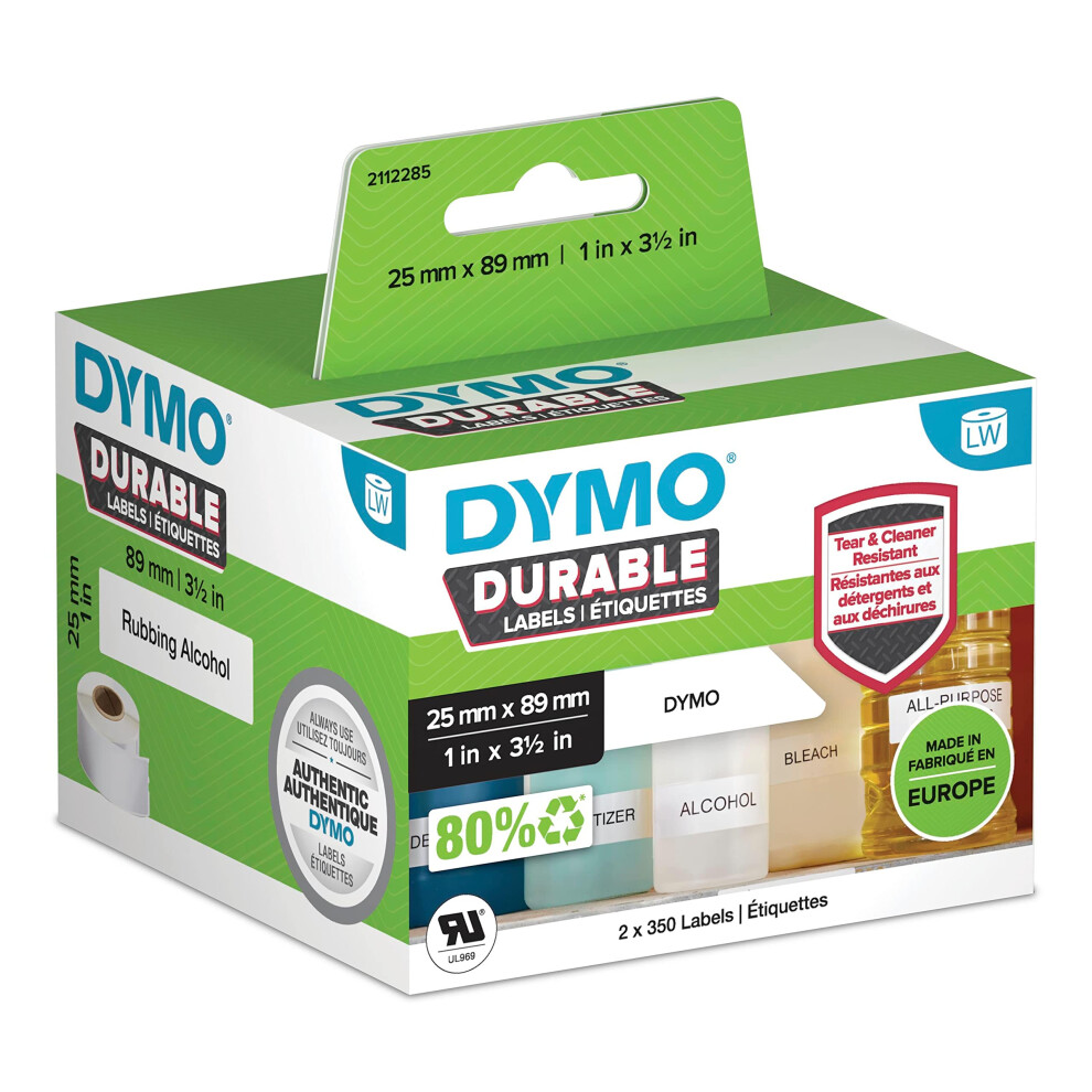 DYMO LW Durable Industrial Labels for LabelWriter Label Printers, White Poly, 25 x 89 mm, 2 Rolls of 350 (1933081)