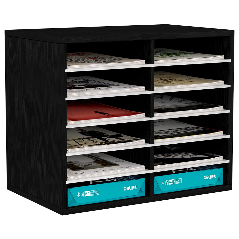 Easypag Wood Desktop 6 Tier 12 Compartments A4 Filing Tray Office Desk Tidy Mail Sorter File Holder Paper Organiser Magazine Storage Rack,Black