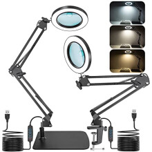 Jubor 2-in-1 Magnifying Glass with Light and Stand, 15X 10X LED Magnifying Lamp with Clamp and Base, Desk Magnifier with 3 Color Modes for Hobby Craft