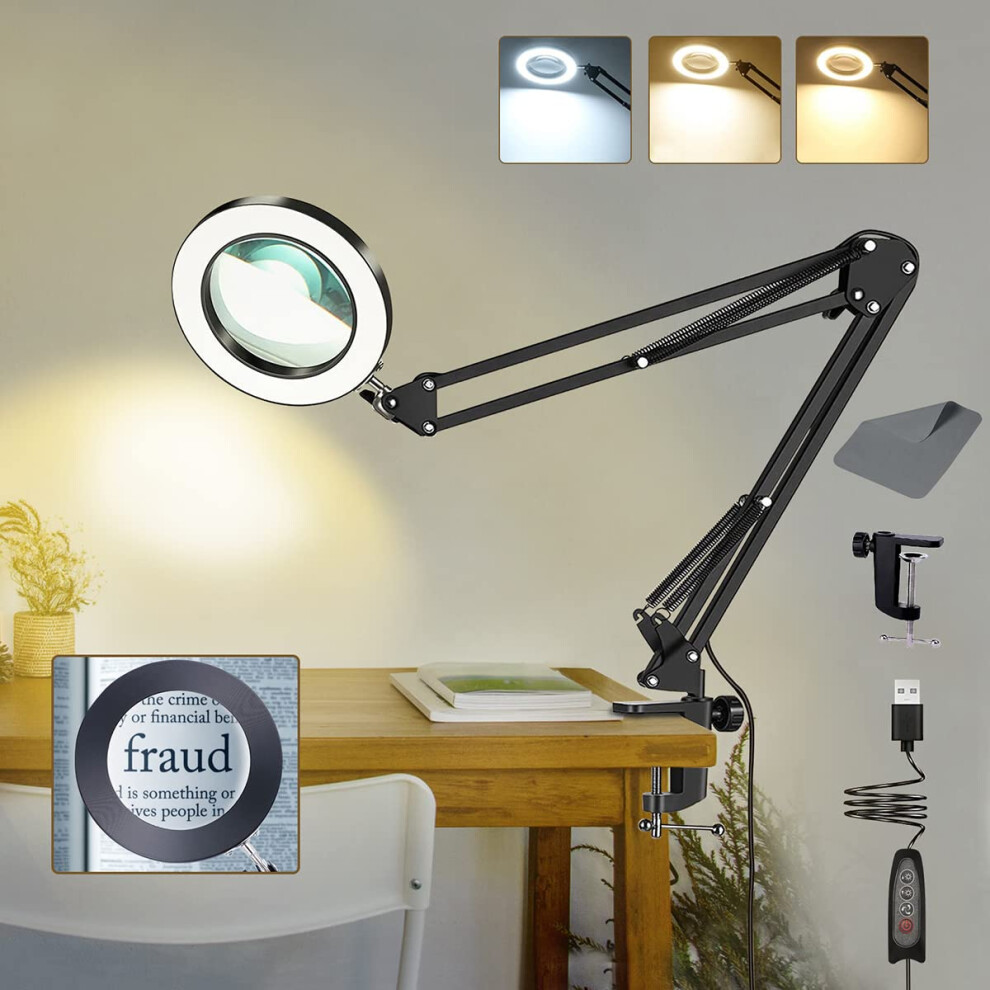 Vuejic Light 10X Magnifying Glass With ,3 Color Modes Stepless Led Dimmable Ed Magnifying Glasses For Hobbies,4.3" Real Glass Magnifier Lamp With
