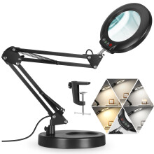 Veemagni 10X Magnifying Glass with Light, 5 Color Modes Stepless Dimmable 2-in-1 Desk Lamp and Clamp, LED Lighted Magnifier with Stand, Hands Free for