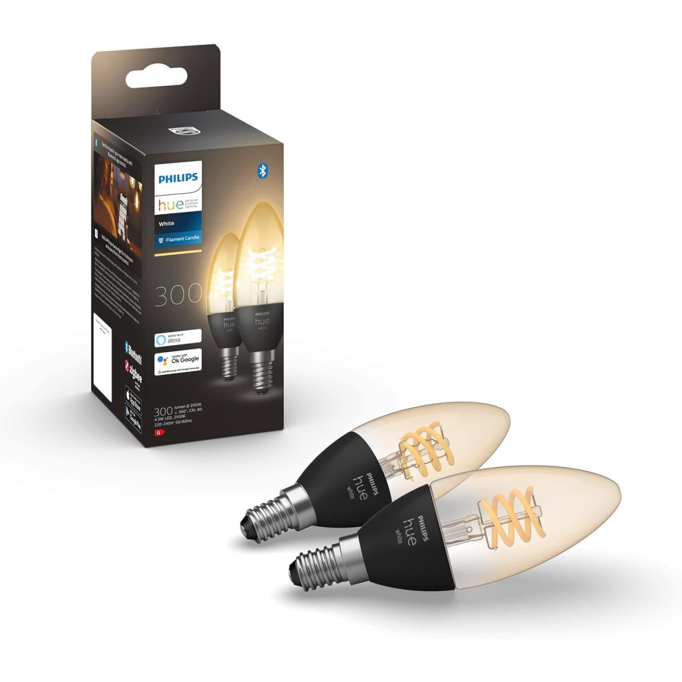 Philips Hue Warm White Filament Candle Smart Light Bulb 2 Pack [E14 Small Edison Screw] with Bluetooth. Works with Alexa, Google Assistant and Apple H