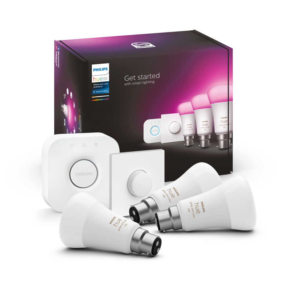 Philips Hue White & Colour Ambiance Starter Kit: Smart Bulb 3X Pack LED [B22] incl. Bridge and Smart Button - 1100 Lumen (EU)