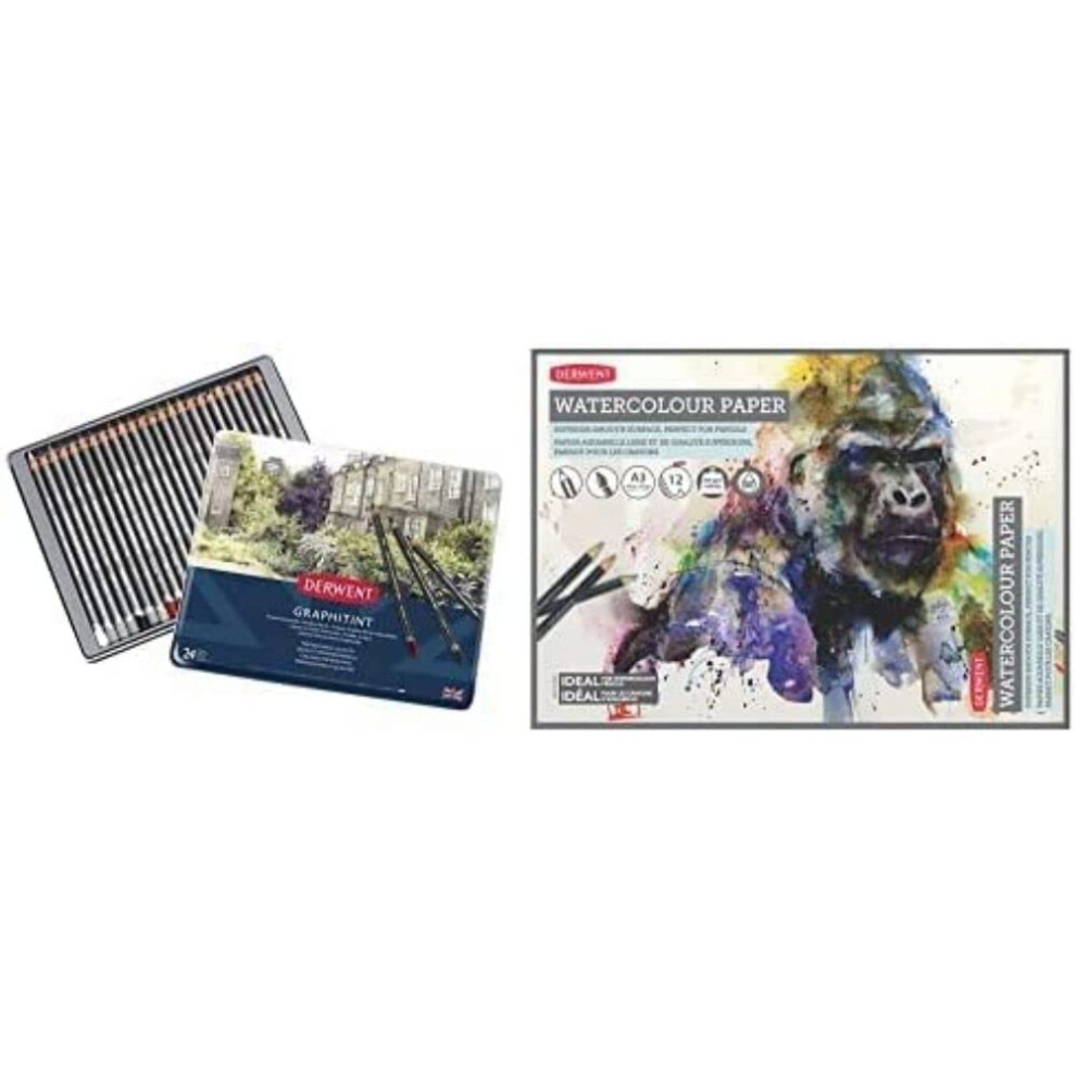 Derwent Graphitint Tinted Graphite Drawing Pencils, Set Of 24, Watersoluble, 0700803 & A3 Watercolour Paper Pad, 12 Sheets, Acid-Free Paper, Ideal For