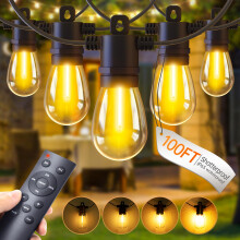 PBGMRT Outdoor Festoon Lights Mains Powered - 100ft/30m Outside String Lights 30+2 S14 LED Dimmable Bulbs with Remote, IP65 Waterproof for Patio Gazeb