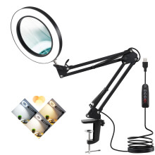Veemagni 10X Magnifying Glass with Light and Stand, 3 Color Modes Stepless Dimmable Real Glass Lens, Adjustable Swing Arm LED Lighted Magnifier Desk L