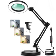 Veemagni 10X Magnifying Glass with Light and Stand, 2-in-1 Real Glass Magnifying Desk Lamp & Clamp, 3 Color Modes Stepless Dimmable LED Lighted Magnif