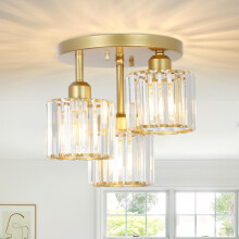 Rayofly Modern Crystal Chandeliers, 3-Light Crystal Ceiling Lights for Living Room, Gold Ceiling Light with Glass Lampshades, Fittings for Kitchen, Ba