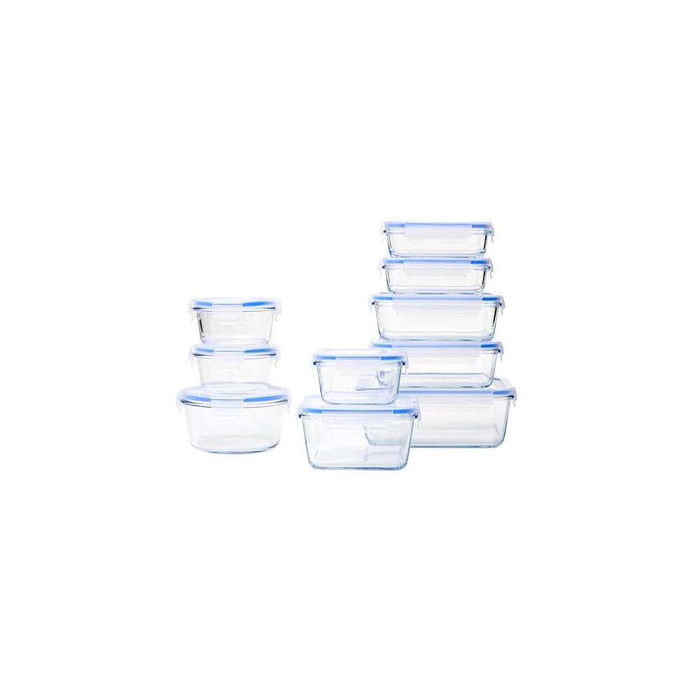 Amazon Basics Glass Locking Food Storage Containers 20 Piece Set (10 Containers + 10 Lids), BPA-free plastic lids lock, Transparent, Blue