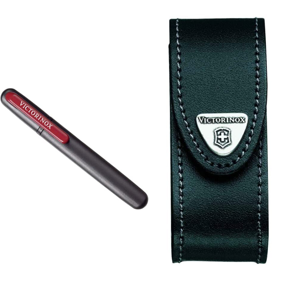 Victorinox Dual Knife Sharpener, Swiss Made, Portable, Black/Red & Leather Pouch for Swiss Army Pocket Knives, 3,5cm x 10cm, Black