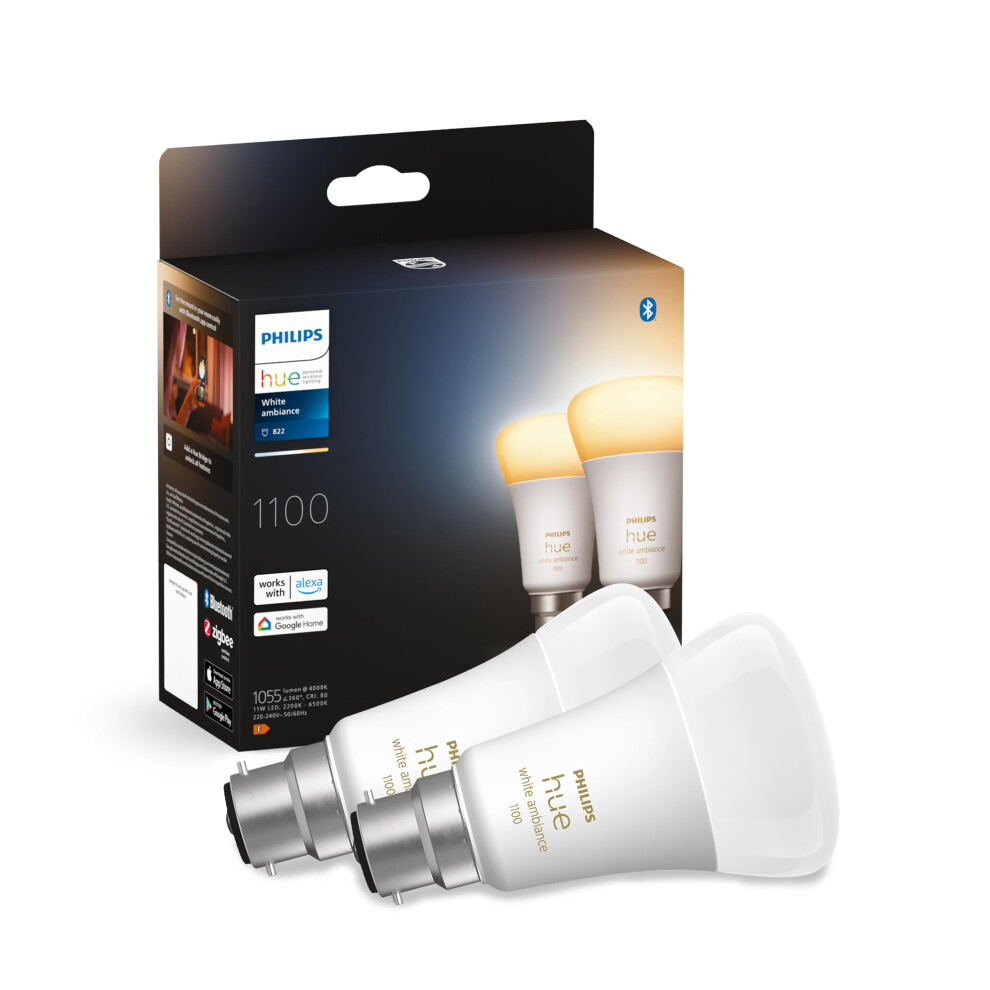 Philips Hue White Ambiance Smart Bulb Twin Pack LED [B22 Bayonet Cap] - 1100 Lumens (75W Equivalent). Works with Alexa, Google Assistant and Apple Hom