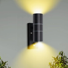 Unikcst Outdoor Wall Lights Mains Powered PIR Motion Sensor Up Down Outside Lights IP44 Black for Patio Front Door Porch, Incl. 2X 5W LED GU10 Bulbs W