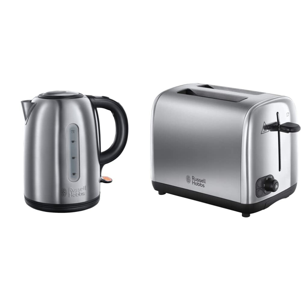 Russell Hobbs 20441 Snowdon Kettle, 1.7 Litre, Stainless Steel & 24080 Adventure Two Slice Toaster, Stainless Steel, 2 Slice, Brushed and Polished