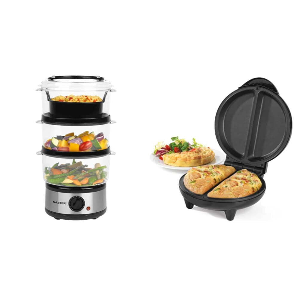 Salter EK2726Z 3-Tier Food Steamer, 7.5 Litre Multi-Cooker, Stainless Steel Rice Cooker, 60 Minute Timer, Removable Cooking Bowls & EK2716 Dual Omelet