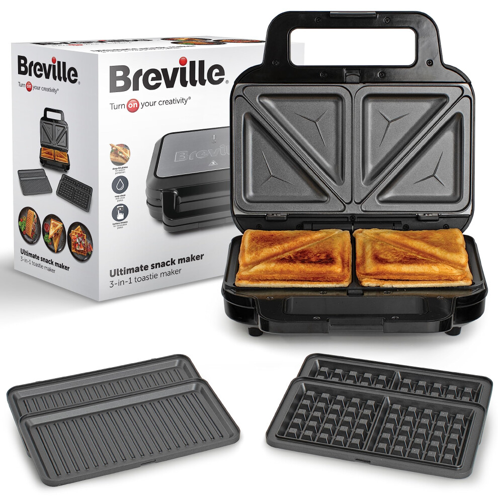 Breville 3-in-1 Ultimate Snack Maker | Deep Fill Toastie Maker, Waffle Maker & Panini Press | Removable Non-Stick Plates | Black & Stainless Steel [VS