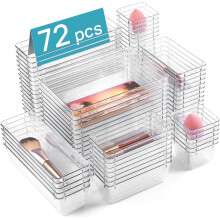 Vtopmart 72 Pack Clear Plastic Drawer Organizers Set, 4-Size Versatile Bathroom and Vanity Drawer Organizer Trays, Non-Slip Storage Bins for Makeup, J