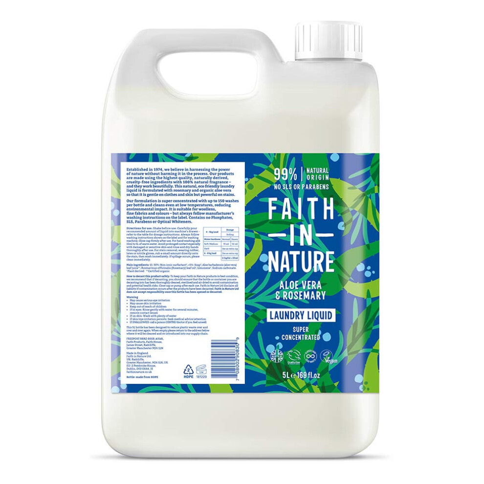 Faith In Nature Natural, Super Concentrated, Laundry Liquid with Aloe Vera and Rosemary Oil, Vegan and Cruelty Free, No SLS, Parabens or Phosphates, 5