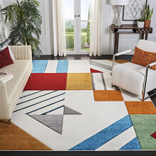 Safavieh Modern Graphic Rug for Living Room, Dining Room, Bedroom - Hollywood Collection, Short Pile, in Ivory and Peacock Blue, 79 X 152 cm