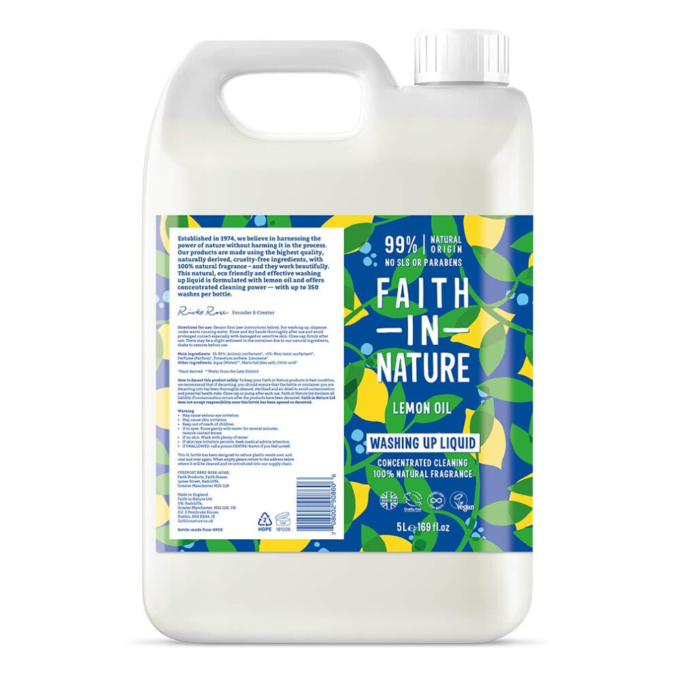 Faith In Nature Natural, Super Concentrated, Biodegradable Washing Up Liquid with Lemon Oil, Vegan and Cruelty Free, No SLS, Parabens or Phosphates, 5