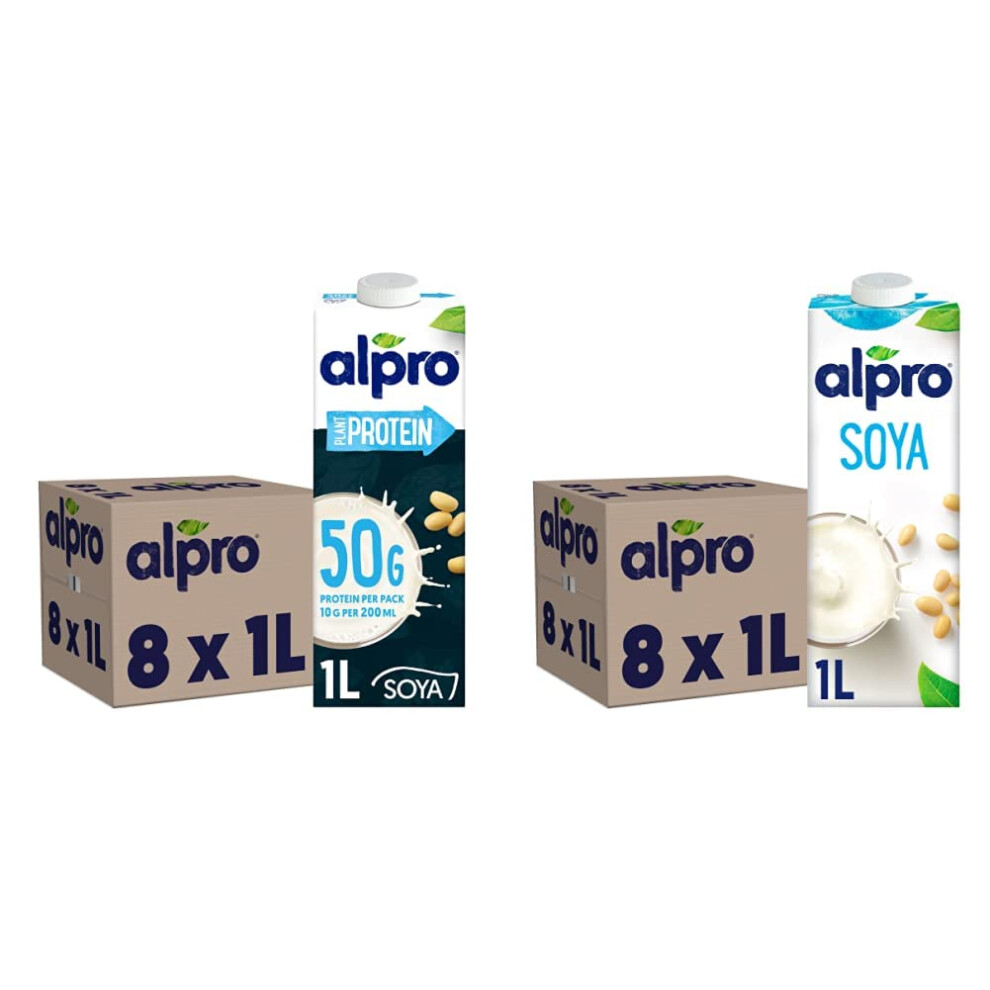 Alpro Soya High Protein Plant-Based Long Life Drink, Vegan & Dairy Free, 1L (Pack Of 8) & Soya Plant-Based Long Life Drink, Vegan & Dairy Free, 1L (Pa