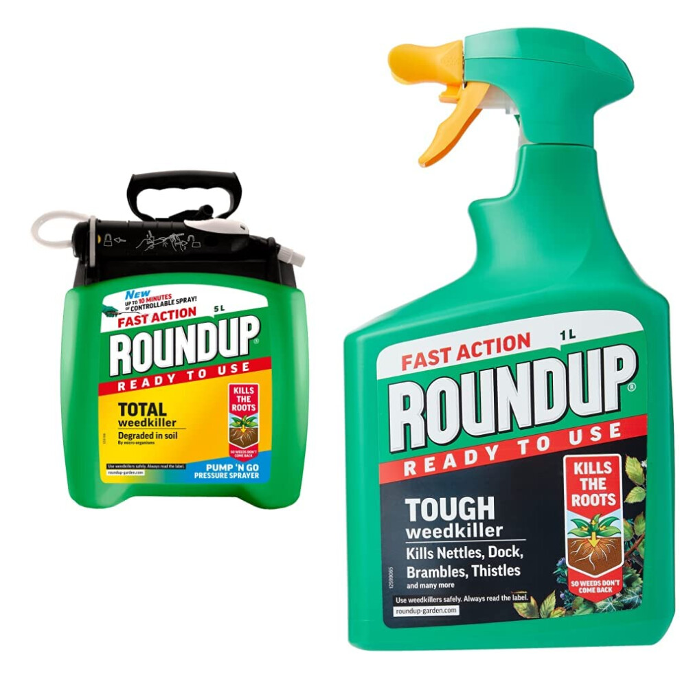 Roundup Fast Action Weedkiller Pump 'N Go Ready To Use Spray, 5 Litre & Tough Weedkiller, Spray, 1 Litre