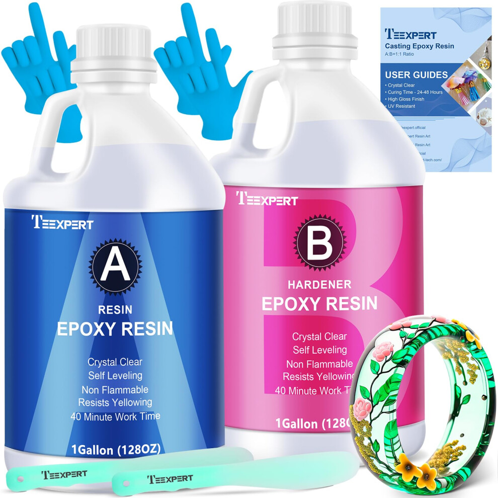 Teexpert Epoxy Resin Crystal Clear Kit 2 Gallon High-Gloss Coating And Casting Resinself-Leveling Bubbles Free Resin And Hardener Kit For Diy Decorati