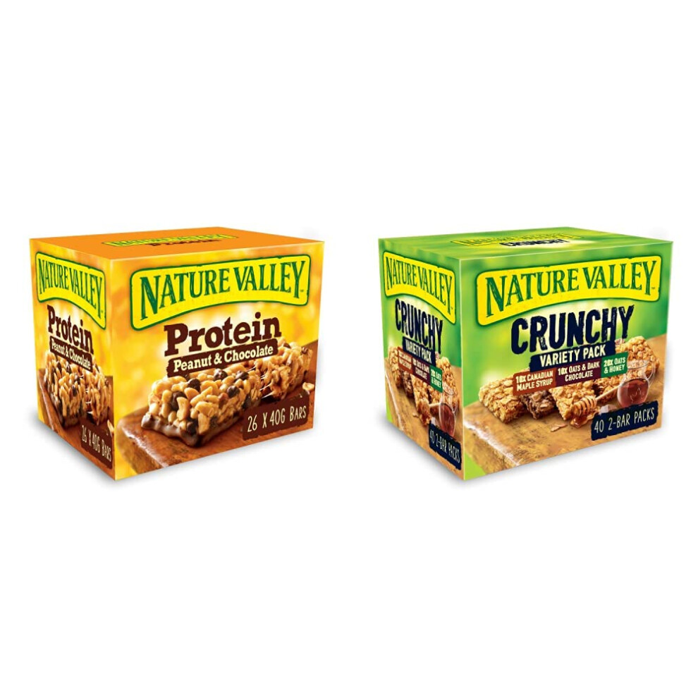 Nature Valley Protein Peanut & Chocolate Gluten Free Cereal Bars 26 X 40G & Crunchy Granola Bars Variety, Pack Of 40 Bars
