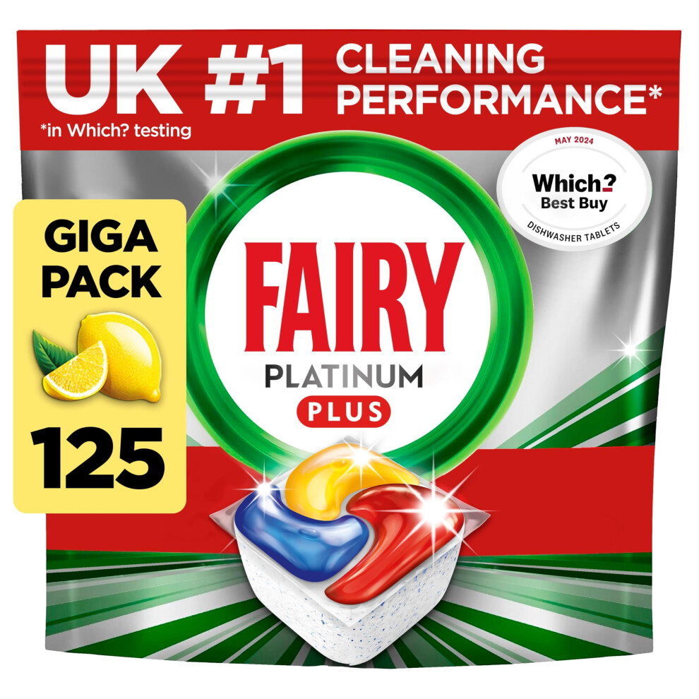 Fairy Platinum Plus All-in-1 Dishwasher Tablets, 125 Pack, Lemon. With anti-dull tech & rinse aid action for a deep clean. Effective in short cycles f