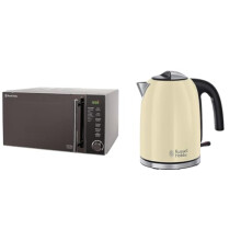 Russell Hobbs RHM2017 20L 800W Silver Digital Microwave, Child Safety Lock, Automatic Defrost & Cream Stainless Steel 1.7L Cordless Electric Kettle wi