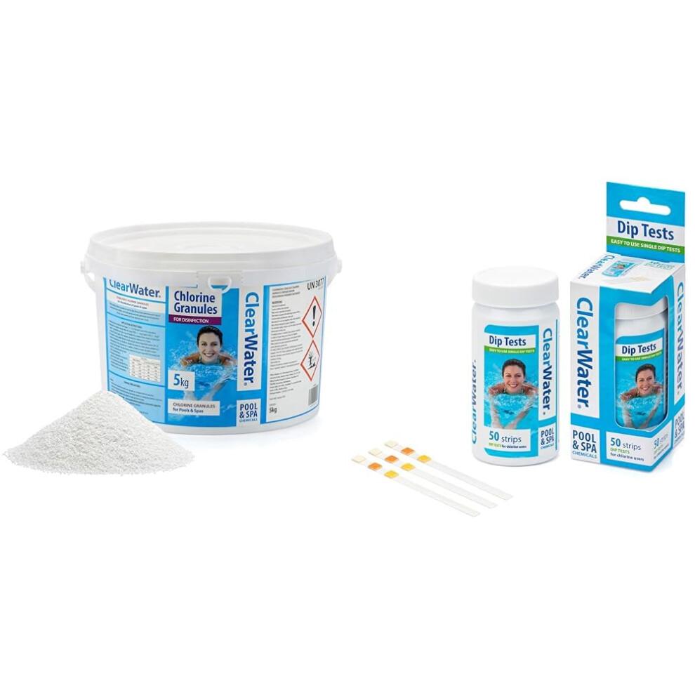 Clearwater CH0040 Chlorine Granules for Hot Tub Spa and Swimming Pool Water Treatment & Hot Tub, Pool and Spa Test Strips x 50-3 in 1 - Measures Chlor