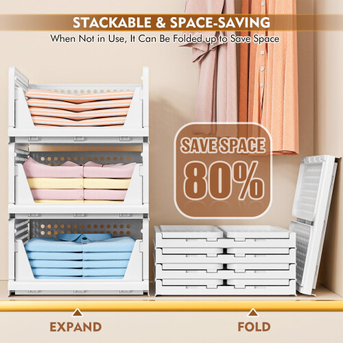 TidyIsles 8 Pack Plastic Folding Closet Stackable Storage Basket Closet Storage White 1