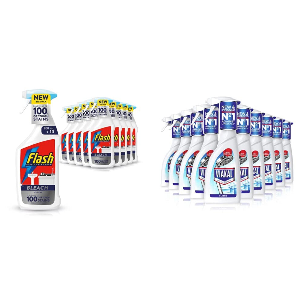 Flash Bleach Spray Multi Purpose Cleaner, 8 Litres (800 Ml X 10), Stain & Grease Remover, Eucalyptus Scent & Viakal Limescale Remover Spray, Classic,