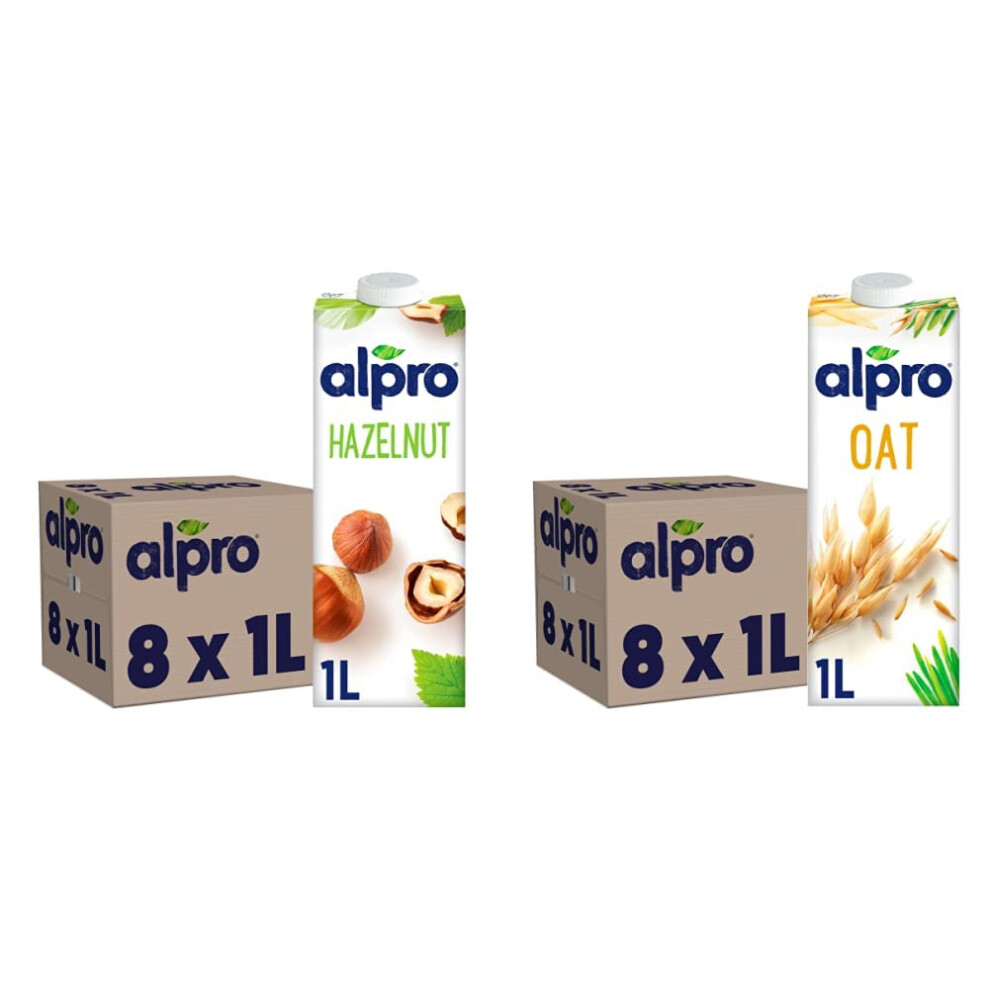 Alpro Hazelnut Plant-Based Long Life Drink, Vegan & Dairy Free, 1L (Pack Of 8) & Oat Plant-Based Long Life Drink, Vegan & Dairy Free, 1L (Pack Of 8)