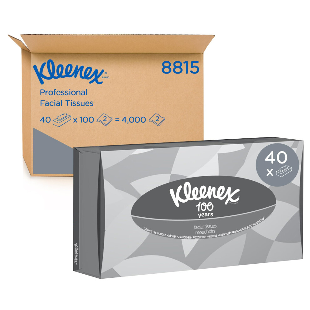 New Kleenex Facial Tissues 8815-2 Ply Boxed Tissues - 40 Flat Tissue Boxes X 100 (4,000 Sheets Total) White
