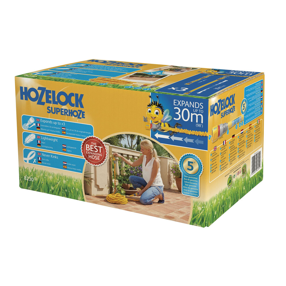 HOZELOCK - Superhoze Expanding Hose 30 m : Flexible Hose, Stretches up to 3x Original Length | With 2 Aquastop Fittings for a Watertight Connection: R